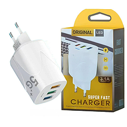 Зарядний пристрій на 3 USB, 3,1A / Заряджання для телефону / Швидке заряджання / Адаптер для заряджання телефону