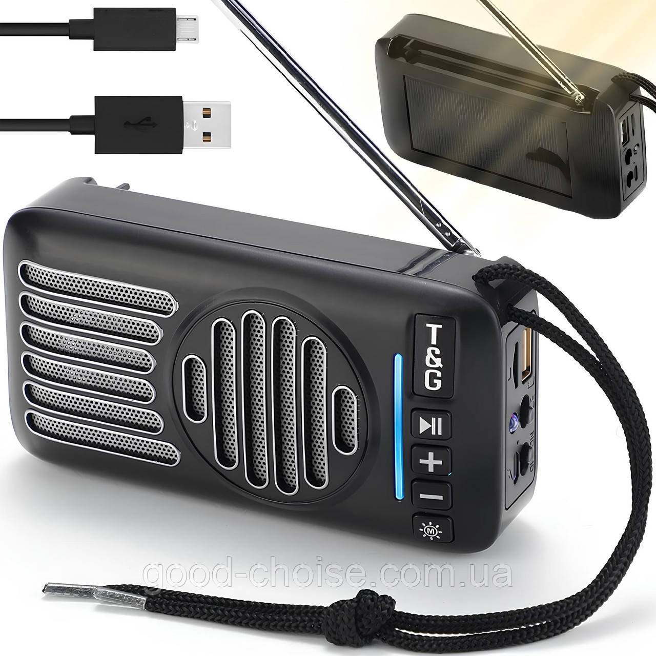 Bluetooth-колонка з сонячною батареєю + FM радіо, USB, TG368, Чорна / Блютуз колонка / Портативна колонка