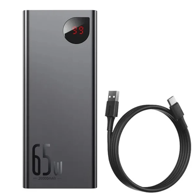 Повербанк 20000 mAh Baseus Adaman 65W, QC 3.0+PD 3.0, зовнішній акумулятор, батарея, УМБ, power bank, чорний