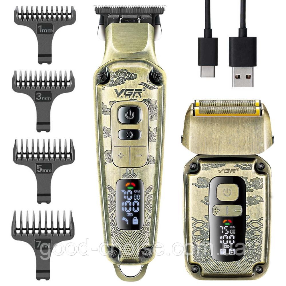 Чоловічий набір машинка для стрижки + бритва шейвер, 4 насадки, VGR V-641 / Електробритва-триммер та шейвер, фото 1