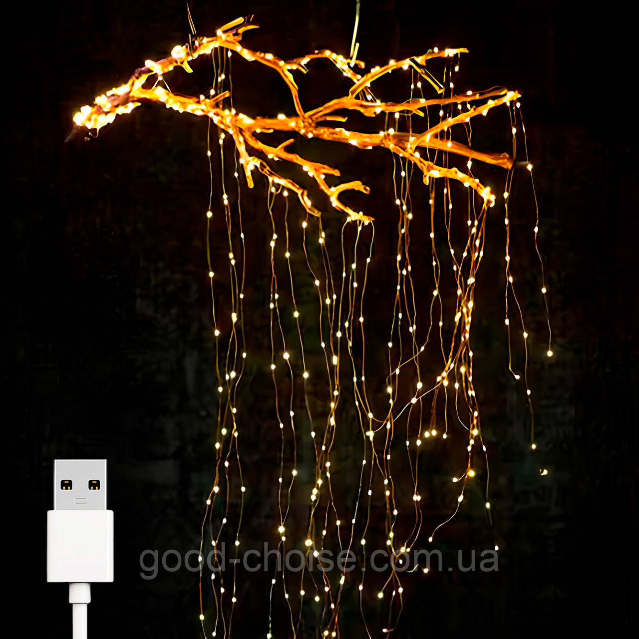 Гірлянда Кінський хвіст, від USB (2м, 100LED, 10 ниток) Теплий білий / Гірлянда на ялинку / Новорічна гірлянда