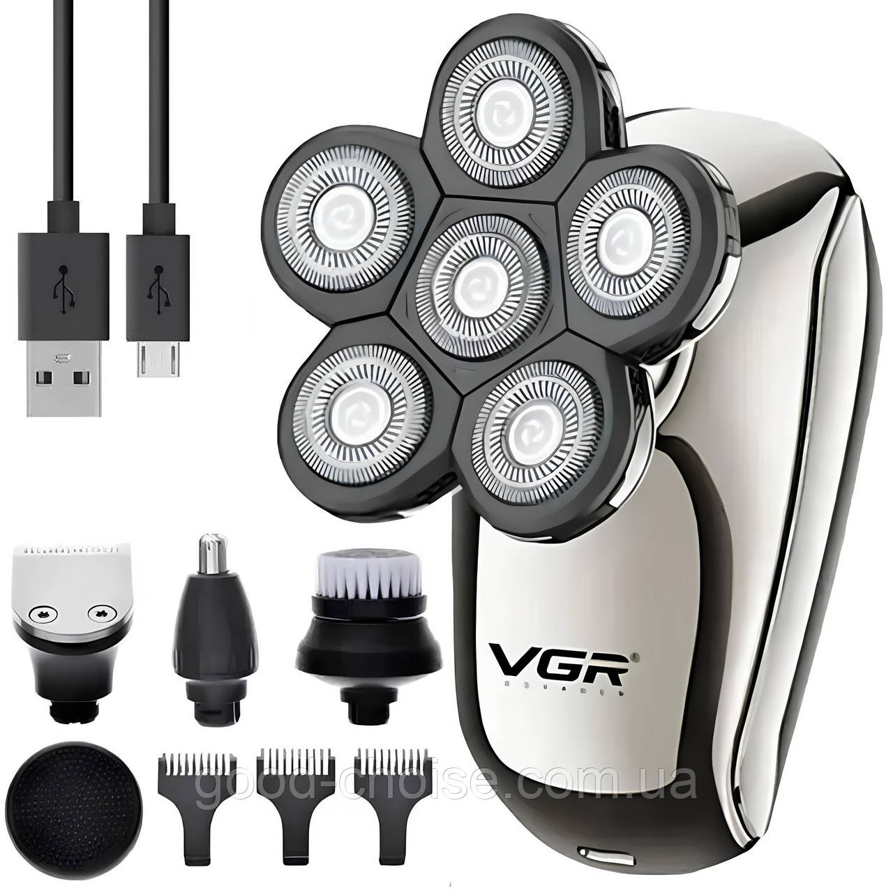 Чоловіча електробритва акумуляторна 5в1 з насадками, USB, VGR V-320 / Роторна бритва / Бездротова бритва
