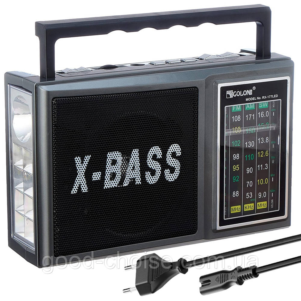 Акумуляторний радіоприймач із ліхтариком AM/FM, USB, SD, RX-177LED / Портативний фм радіо на батарейках
