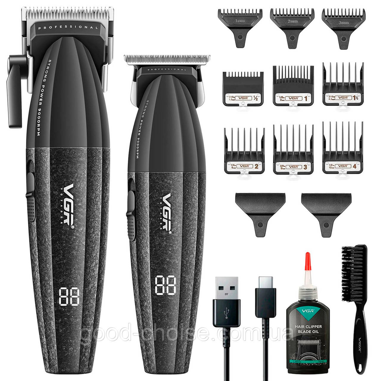 Набір для стрижки 2в1 (9 насадок), від USB, VGR V-640, Чорний / Машинка для стрижки / Тример для стрижки, фото 1