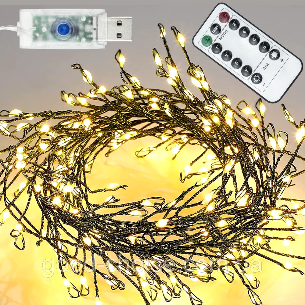 Новорічна гірлянда Феєрверк від USB, 10м, 300LED + пульт, Теплий білий / Світлодіодна гірлянда роса