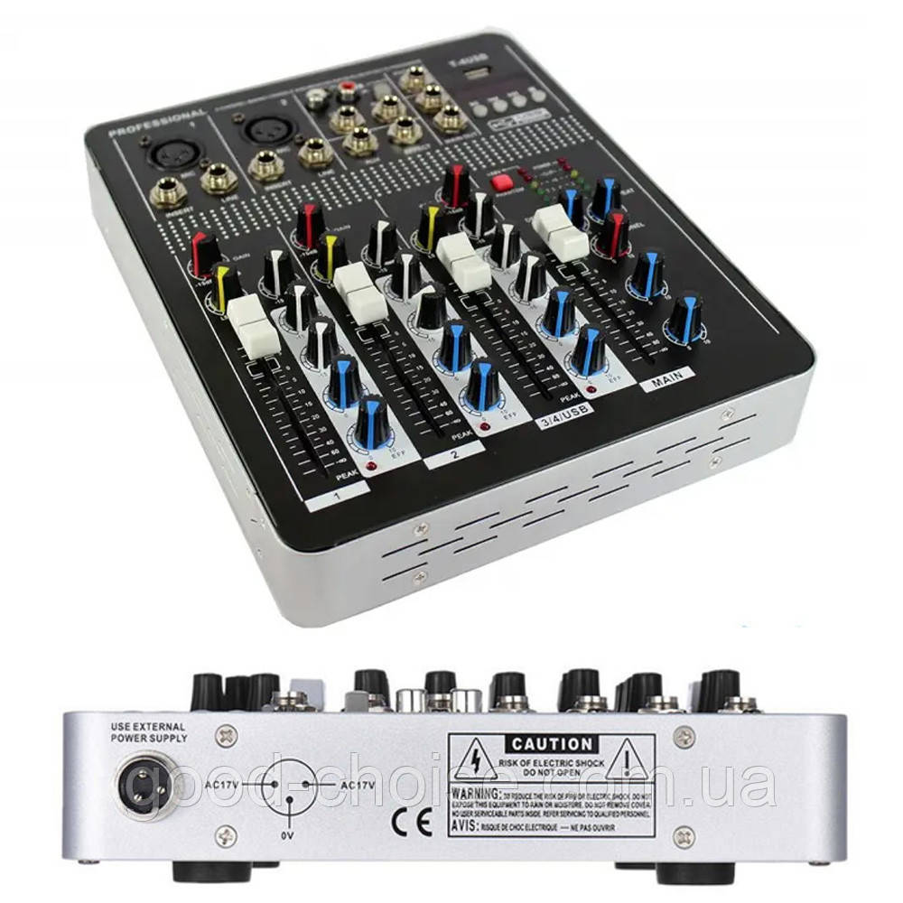 Аудіо Мікшер (4 канали, MP3, USB, Bluetooth) Mixer BT4000 / Мікшерний пульт / Мікшер для мікрофона