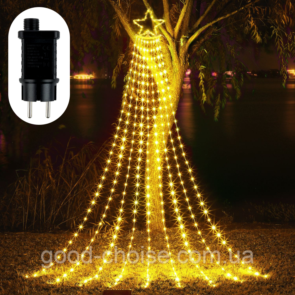 Гірлянда Кінський хвіст зі Зіркою від мережі, 5м, 200LED, 9 ниток, Теплий білий / Світлодіодна гірлянда на ялинку