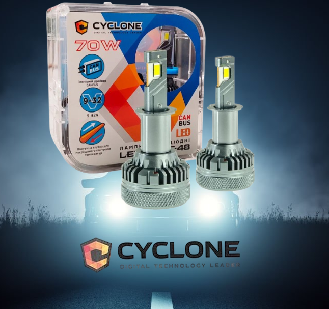 Світлодіодні лампи CYCLONE LED H3 12 V-24 V 70 W Type 48 5500 K 18000L CAN BUS радіатор із вентилят., фото 1