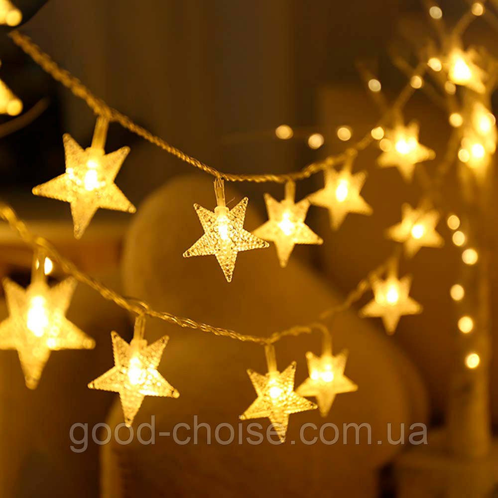 Світлодіодна гірлянда Зірки, від батарейок, 3м, 20LED, Теплий білий / Гірлянда на батрейках