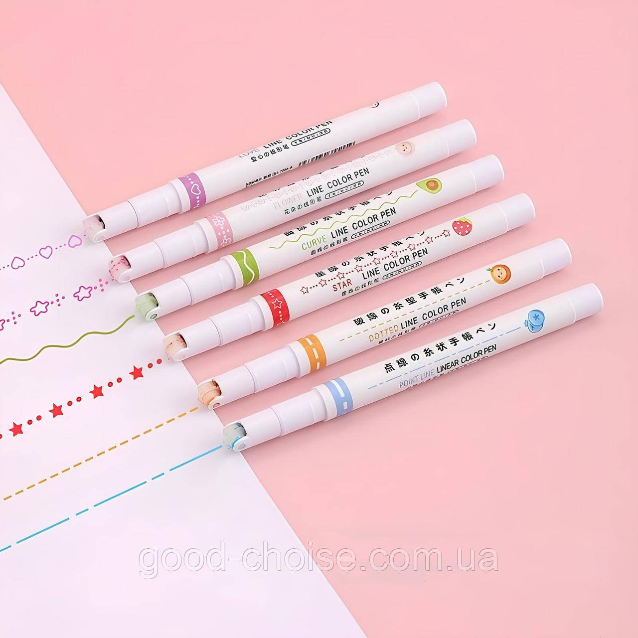 Набір із 6 спец маркерів двостронніх (0,5мм/Фігура), Kawaii Flowers Line Shaped / Роликові маркери, фото 1