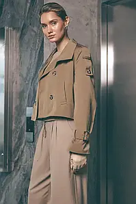 Тренч жіночий короткий двобортний з кокеткою котоновий преміум якість терракотовий