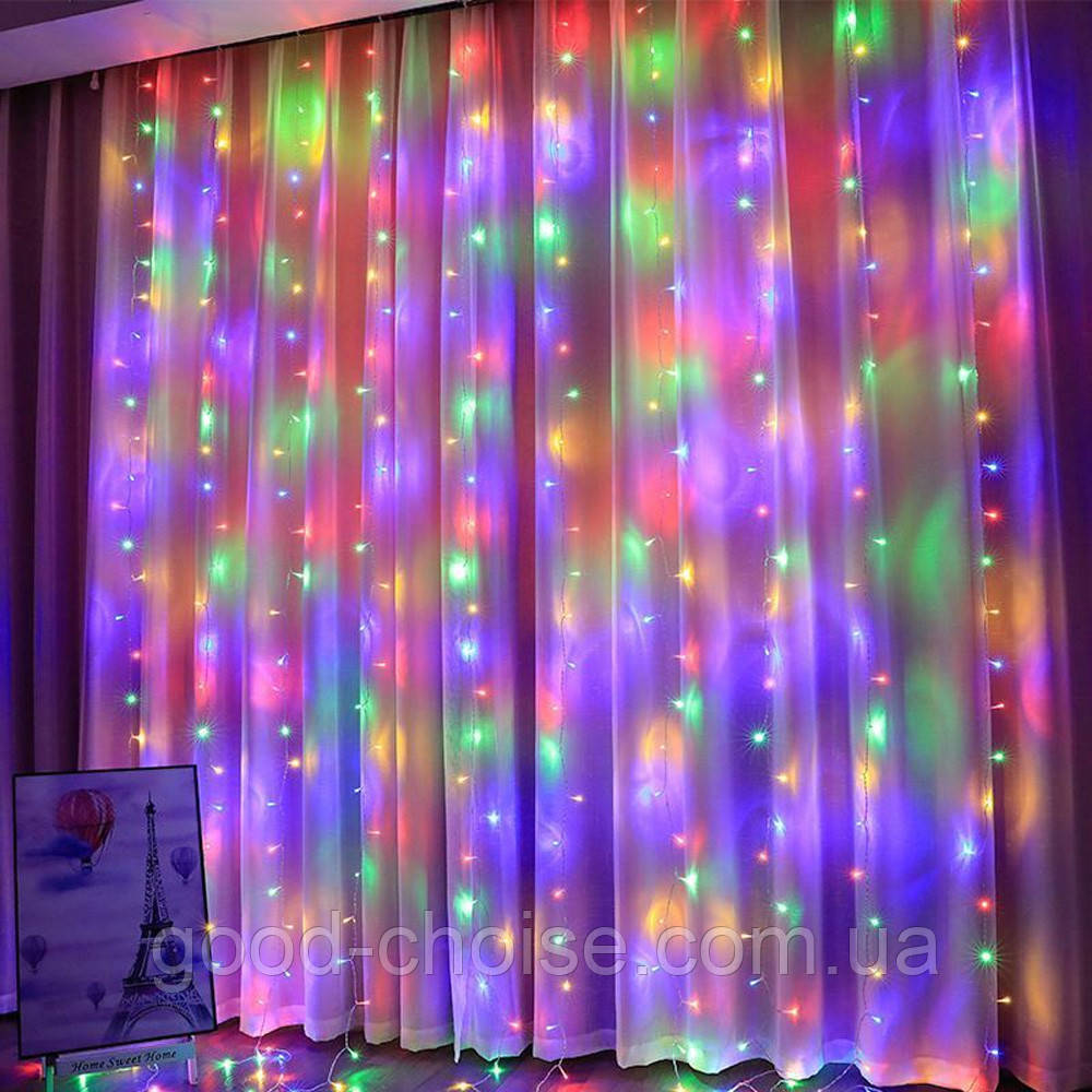 Гірлянда Водоспад від мережі, 3х2м, 320LED, Різнокольорова / Новорічна гірлянда на вікно / Гірлянда штора
