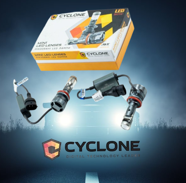 Світлодіодні лампи CYCLONE LED з лінзою H8/H9/H11/H16 12 V 30 W G10 5500 K радіатор із вентилятор, фото 1