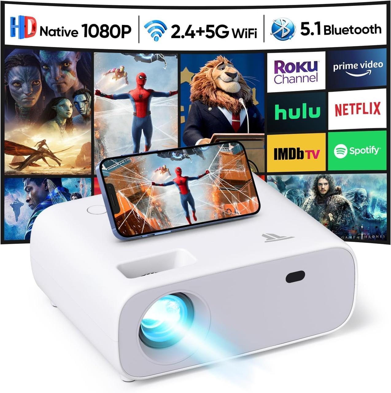 Проектор, проектор с собственным разрешением 1080P с WiFi и Bluetooth, портативный мини-проектор для просмотра фильмов на открытом