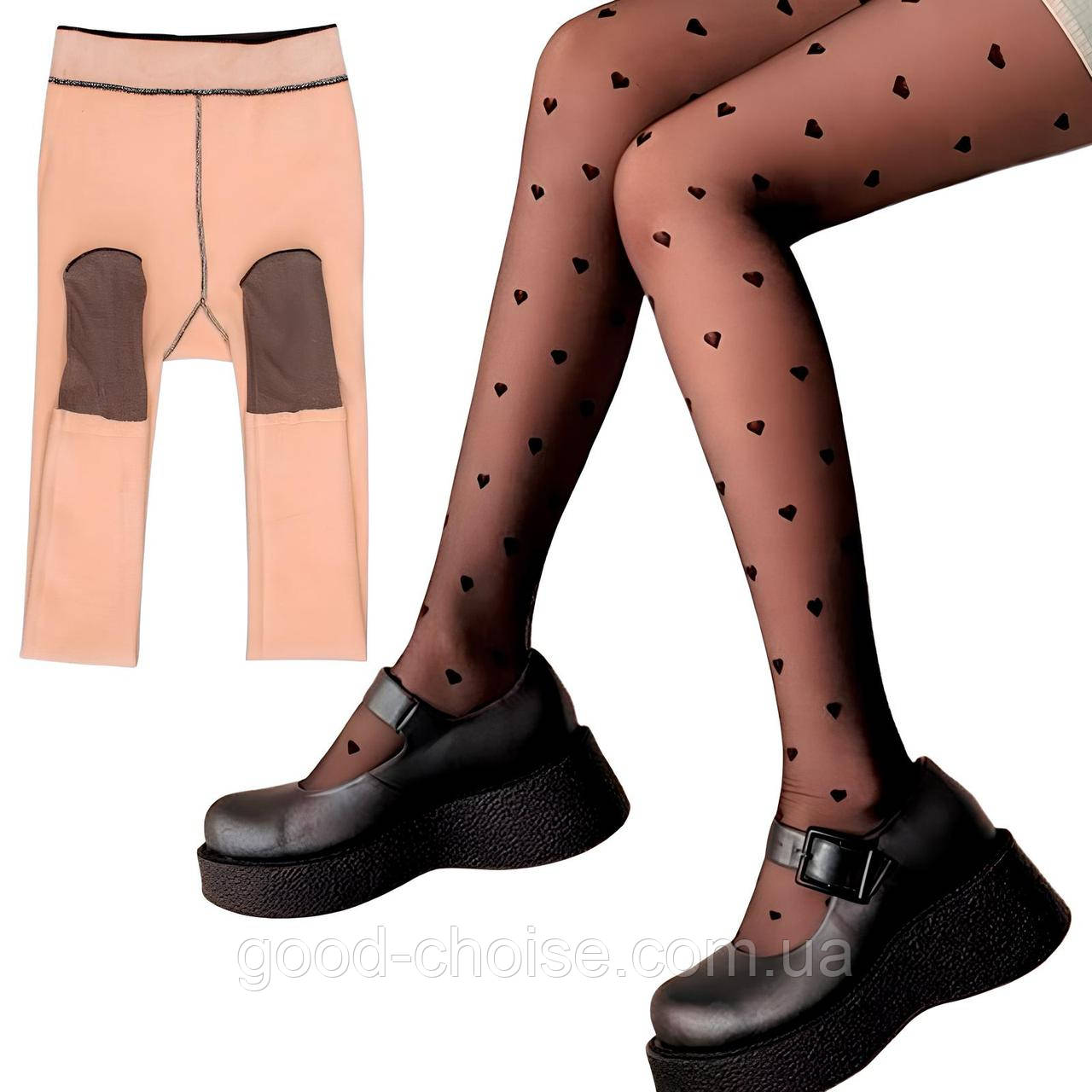 Жіночі колготки флісові з імітацією капрона 900Den, L(44/46), Серце / Утеплені колготки / Термоколготки, фото 1