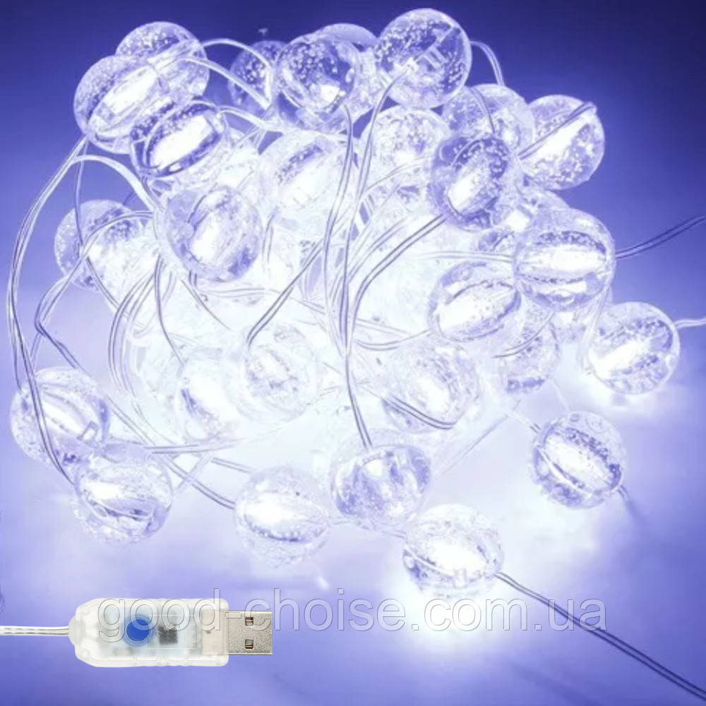 Гірлянда Лампочки від USB, 5м, 50LED, Холодний білий / Світлодіодна LED гірлянда / Вулична гірлянда новорічна