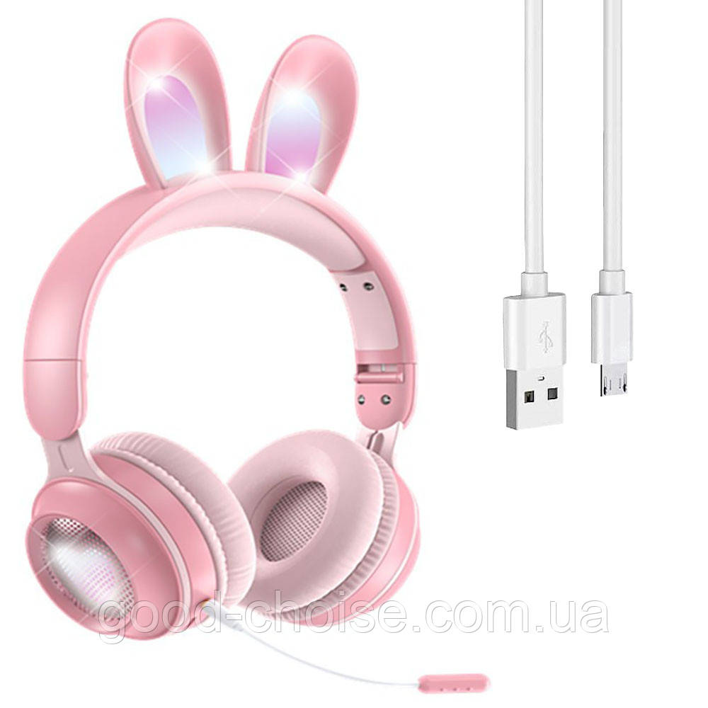 Бездротові навушники з вушками і підсвічуванням, KE-01, Рожевий / Bluetooth навушники / Дитячі блютуз навушники, фото 1