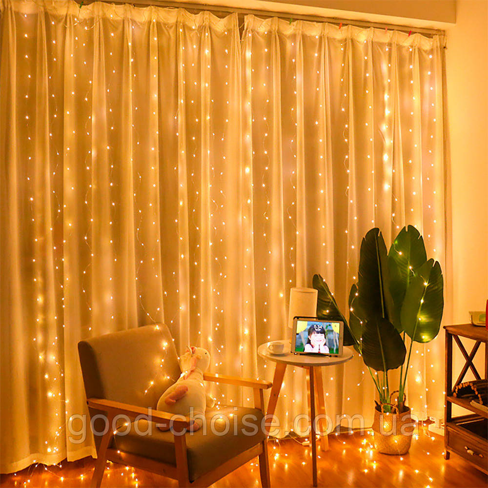 Гірлянда-штора Роса, від USB, 3×2м, 300LED, Теплий білий / Світлодіодна гірлянда / Гірлянда на вікно