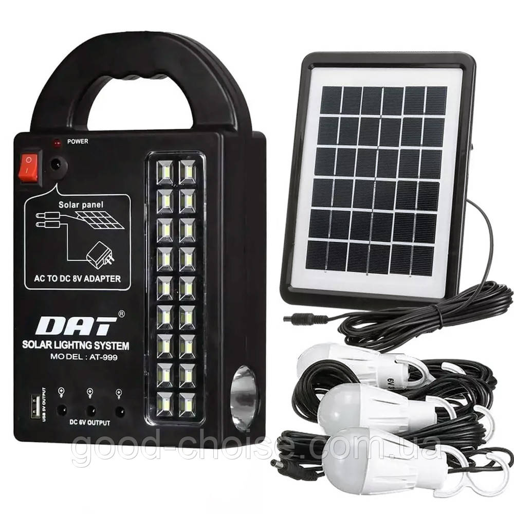 Акумуляторний ліхтар із сонячною панеллю + 3 лампочки, PowerBank, Dat AT-999 / Портативна сонячна станція