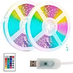 Комплект 2 шт Розумна гірлянда-стрічка 10 м від USB + пульт, Роса / Світлодіодна RGB стрічка з керуванням телефоном