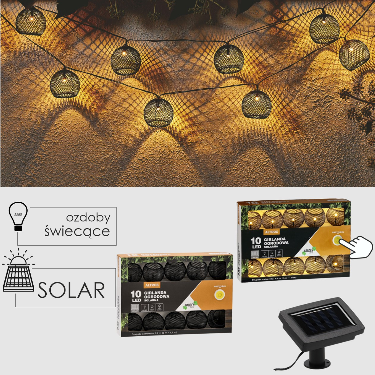 Декоративна садова гірлянда з вогниками на сонячній батареї 3,8 м 10 LED GardenLine SOL3651 колір теплий-білий