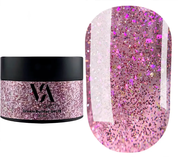 Гель для нарощування Valeri Dream Builder Gel, 30 мл No018, бузковий із блискітками