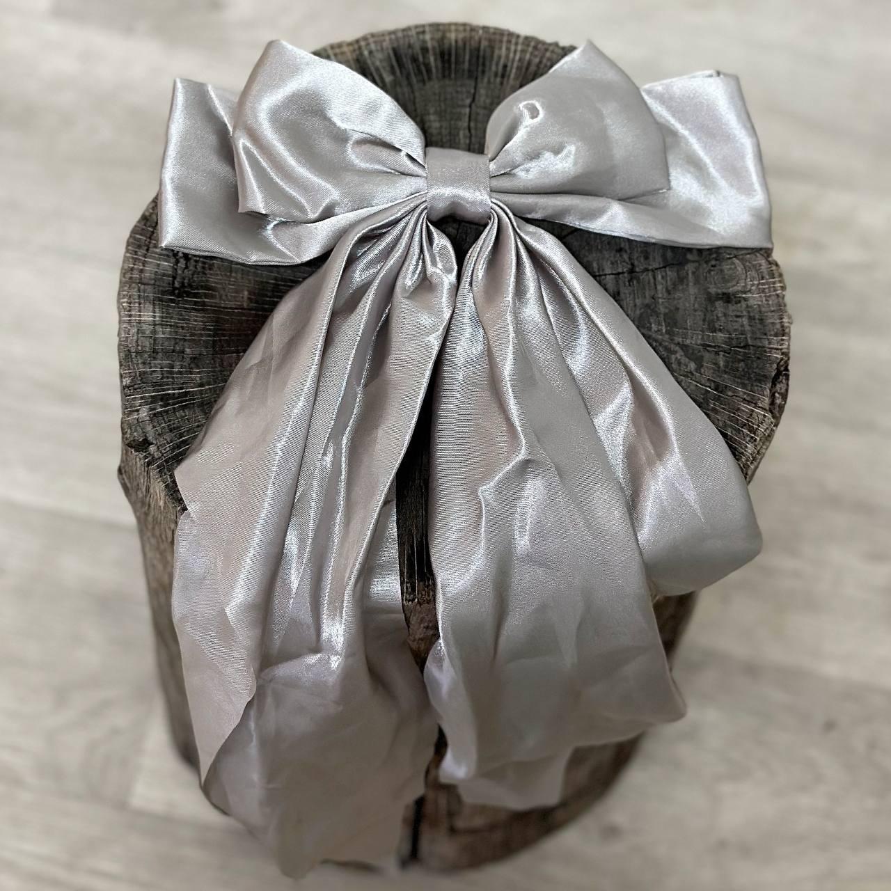 Заколка-автомат для волосся бант довгий сірий зі стрічками