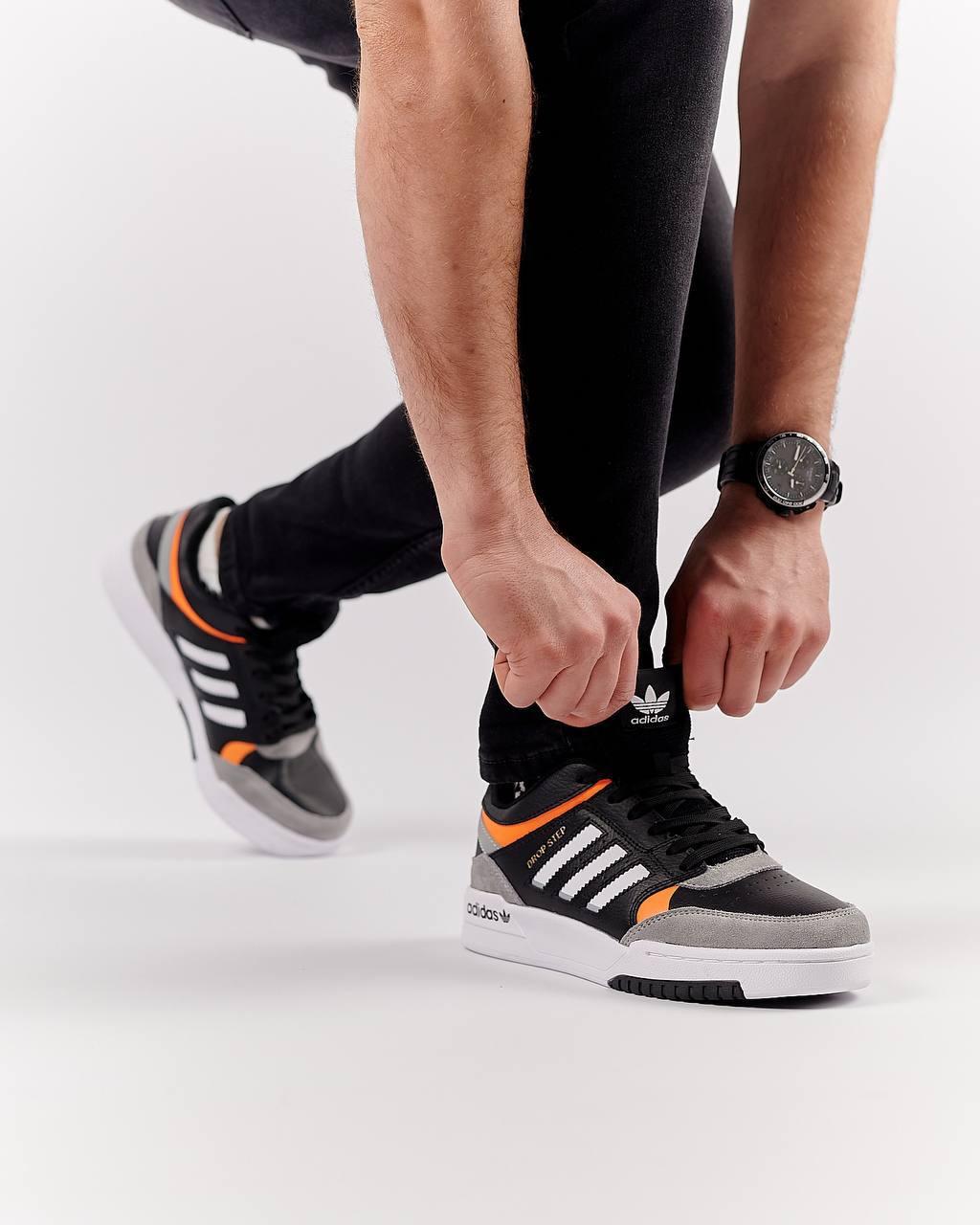 Чоловічі шкіряні кросівки Adidas Originals Drop Step Black Grey Orange, кеди Адідас чорні. Чоловіче взуття