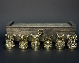 Набір чарок перевертарів "Полювання" 6 шт. у подарунковому дерев'яному футлярі ручна робота українських майстрів