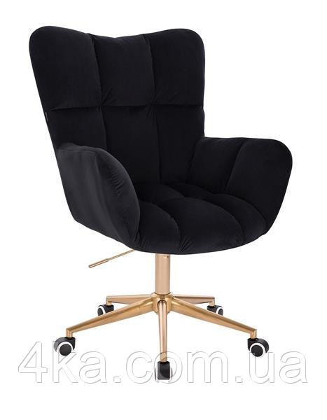 Перукарське крісло на колесах HR650K, велюр, чорне, база золото