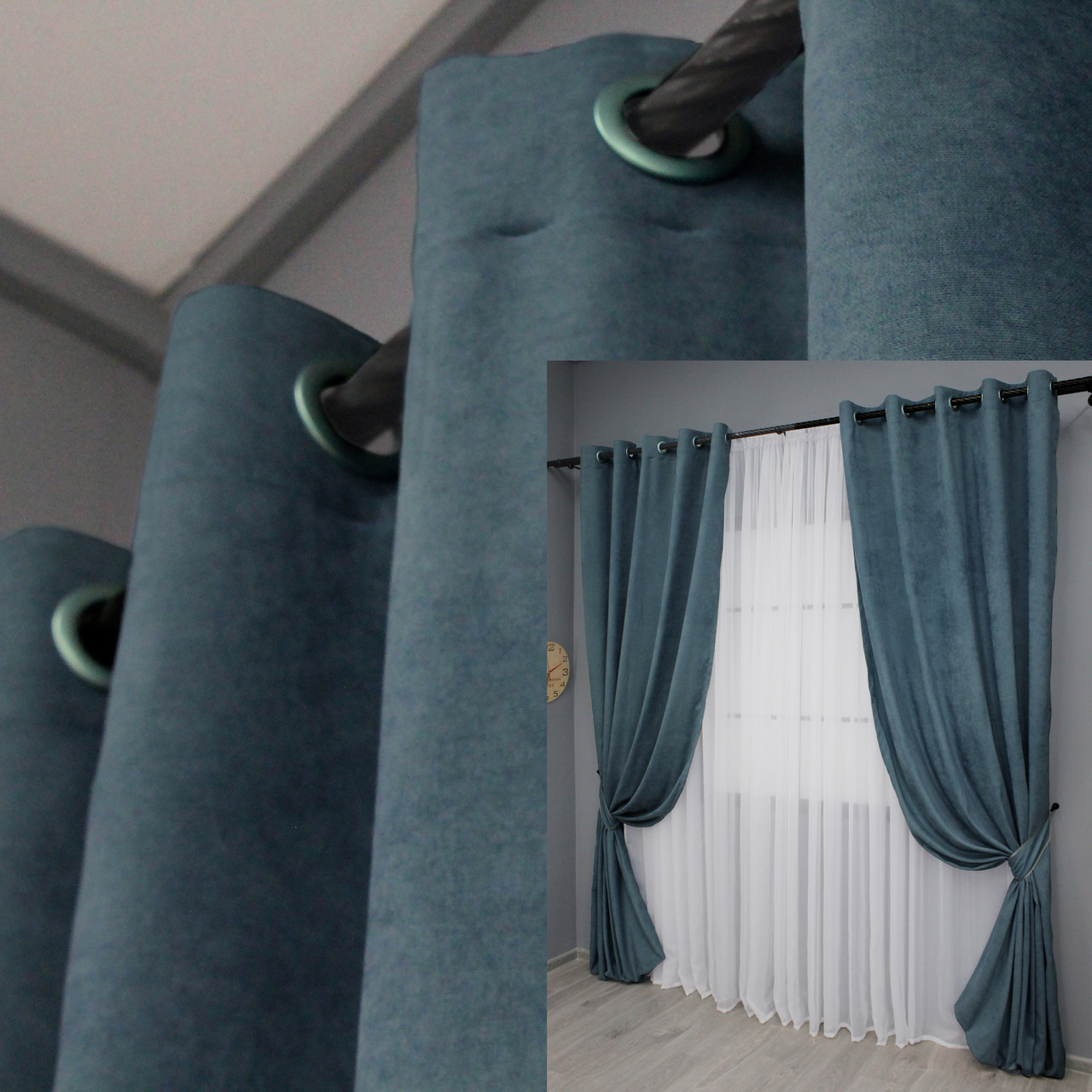 Комплект (2шт. 1,5х2,7м.) штор на люверсах з тканини мікровелюр Petek. Колір сіро-блакитний. Код 1489ш 37-0216, фото 1