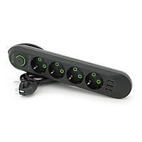 Мережевий фільтр F04U, 4 розетки EU + 3 USB, 1.5 м, переріз 3х0,75 мм, 2500 W, Black, Box