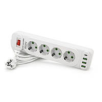 Мережевий фільтр F24U, 4 розетки EU + 3 USB + PD, кнопка вмикання з індикатором, 2 м, 3х0,75 мм, 2500 W, White,