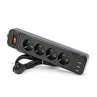 Мережевий фільтр F24U, 4 розетки EU + 3 USB + PD, кнопка вмикання з індикатором, 2 м, 3х0,75 мм, 2500 W, Black,