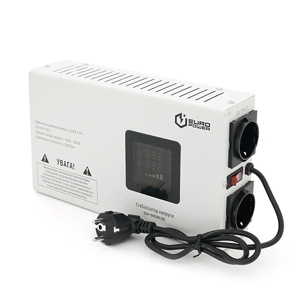 Стабілізатор напруги релейний настінного монтажу Europower SLIM-1000SBR LED, 1000VA 700W, 140-270Vac, SHUKO, фото 1