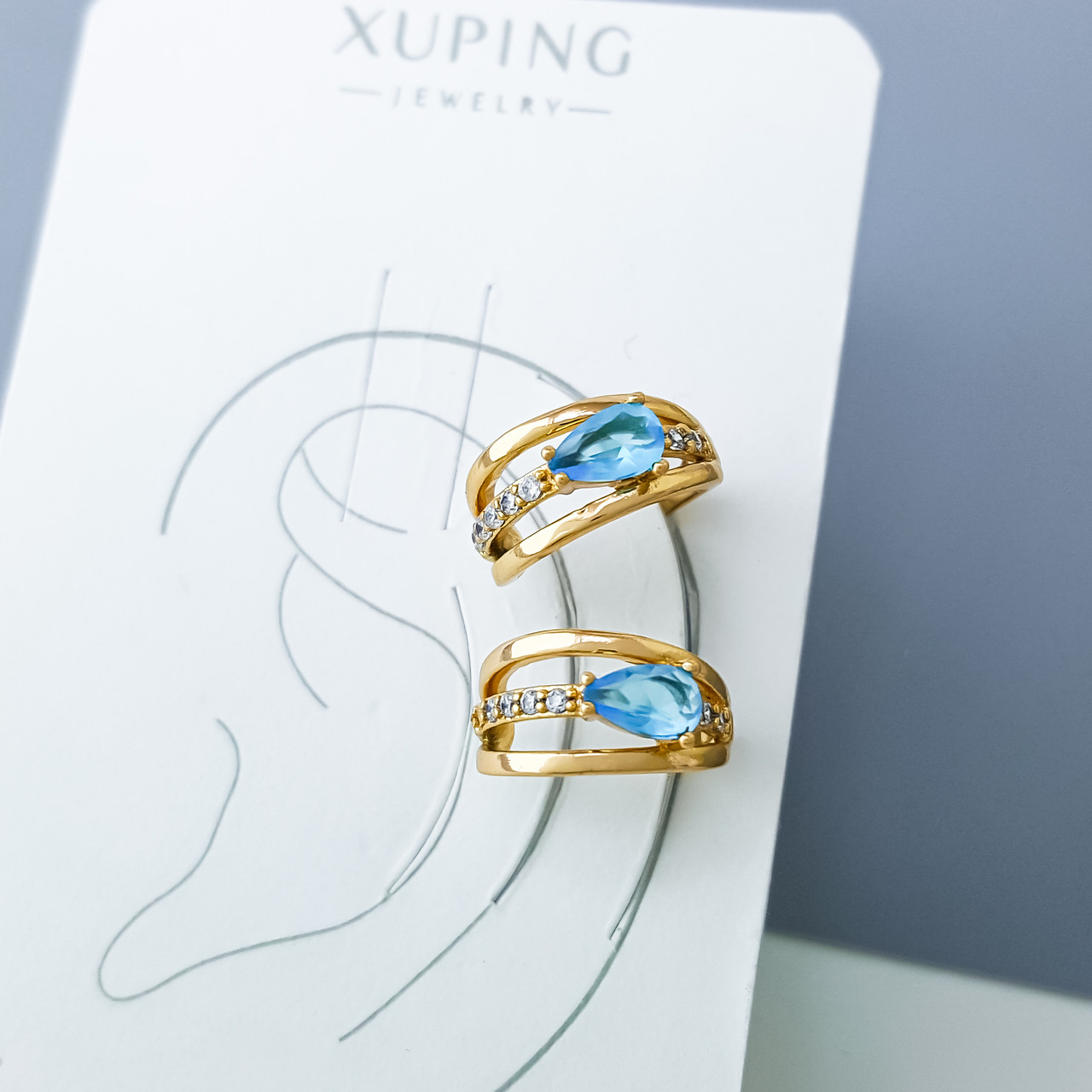 Сережки Каффи "Класика" з блакитним цирконієм, медзолото Xuping позолота 18К