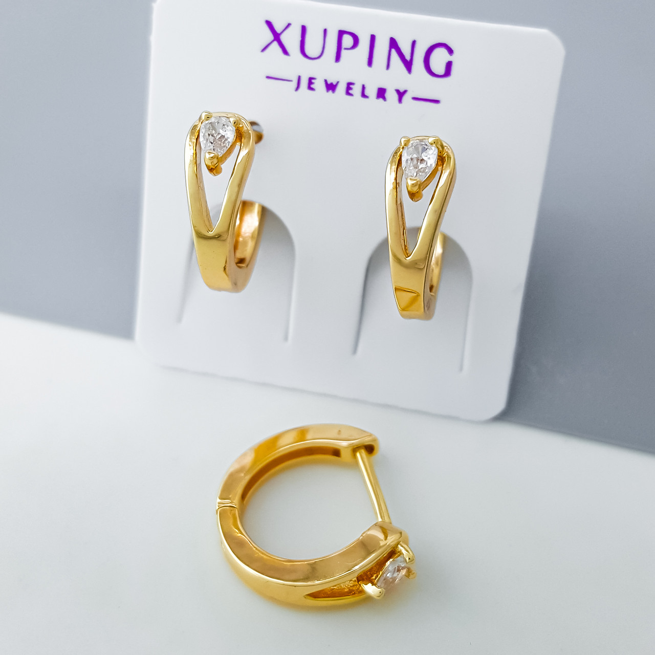 Сережки "Крапельки" зі вставкою цирконію, медзолото Xuping позолота 18К