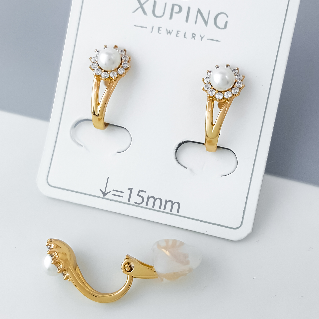 Сережки кліпси "Квітка" з перлами та камінням, медзолото Xuping позолота 18К