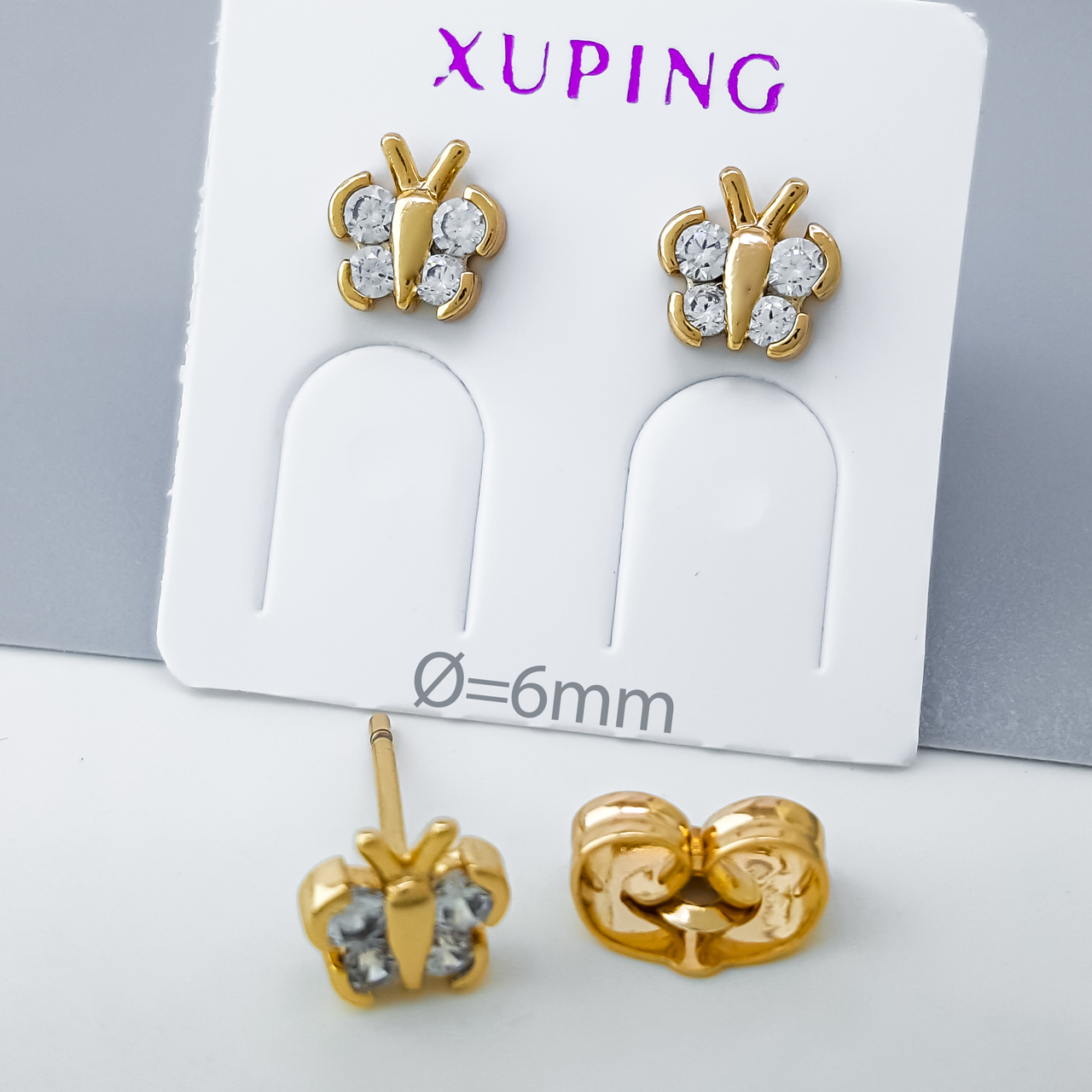 Сережки цвяшки "Метелики" з цирконієм, медзолото Xuping позолота 18К