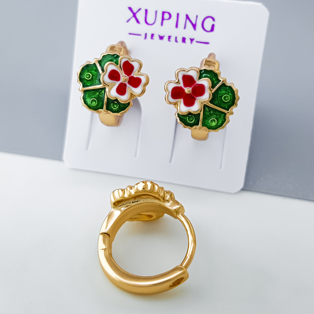 Сережки "Квіточки" із зеленою емаллю, медзолото Xuping позолота 18К