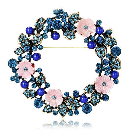 Брошка на золотистій основі квіточки із синіми стразами, що переливаються, та намистинами розмір виробу 65х65 мм, фото 1