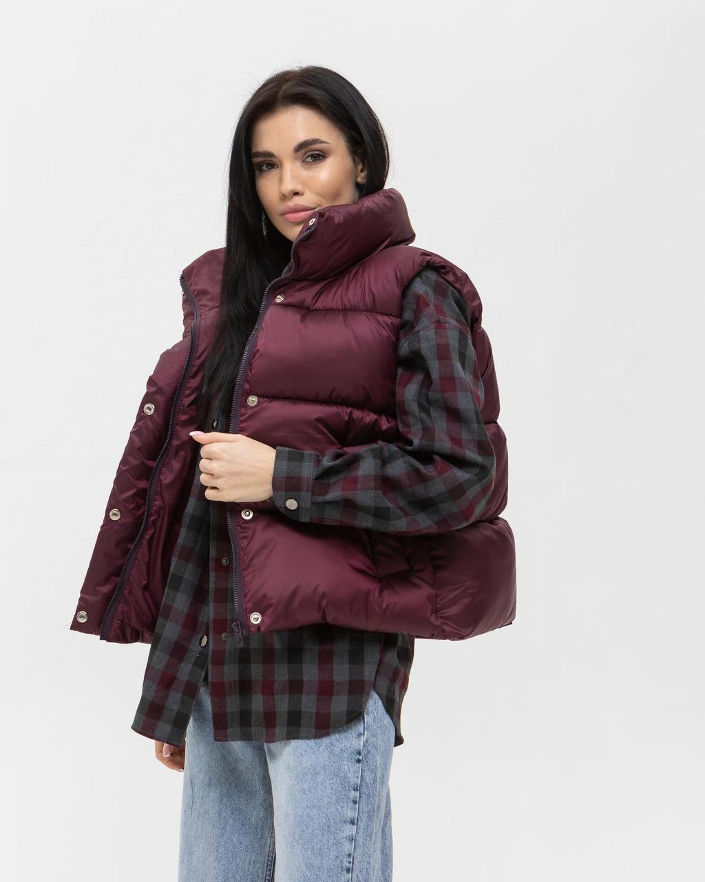 Жіноча жилетка оверсайз бордова весняна осіння Безрукавка без капюшона демісезонна, фото 1