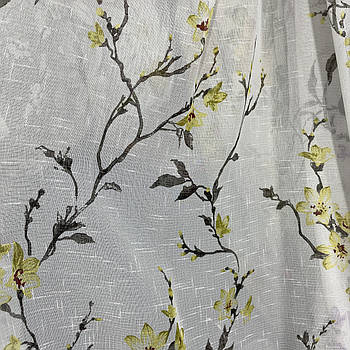 Тюль з льону білого кольору з жовтими квітами на метраж, висота 2.8 м (811-9)