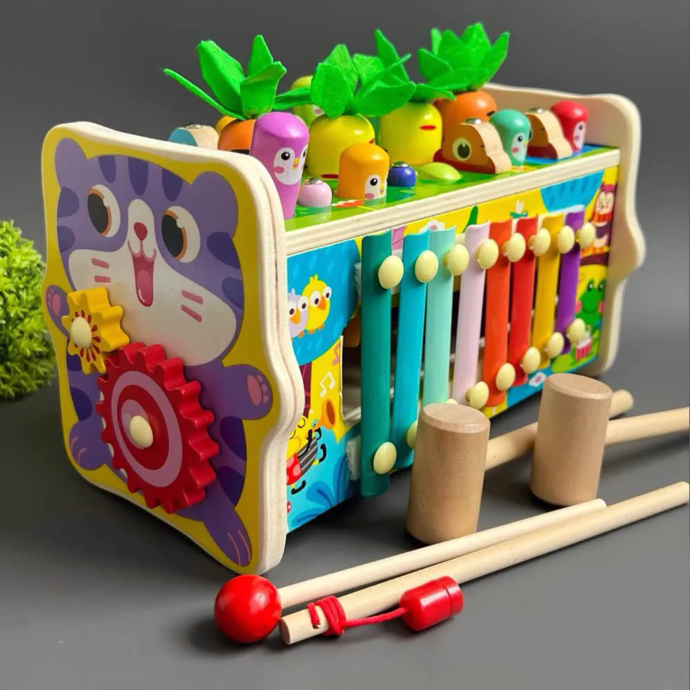 Розвиваюча дерев'яна іграшка Котик для дитини 6в1 Стукалка магнітна риболовля пальчикові ігри лабіринт морквини, фото 1