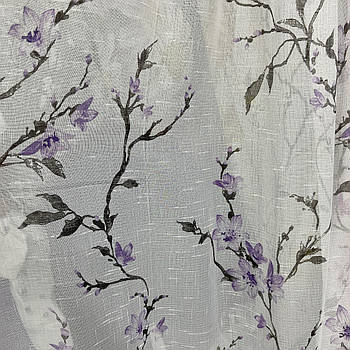 Тюль з льону білого кольору з  фіолетовими квітами на метраж, висота 2.8 м (811-10)