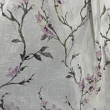 Тюль з льону білого кольору з рожевими квітами на метраж, висота 2.8 м (811-7)