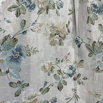Тюль із льону з бірюзовим квітковим принтом на метраж, висота 2.8м (822-4)