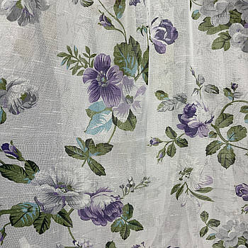 Тюль з льону білого кольору з фіолетовими квітами на метраж, висота 2.8 м (822-10)