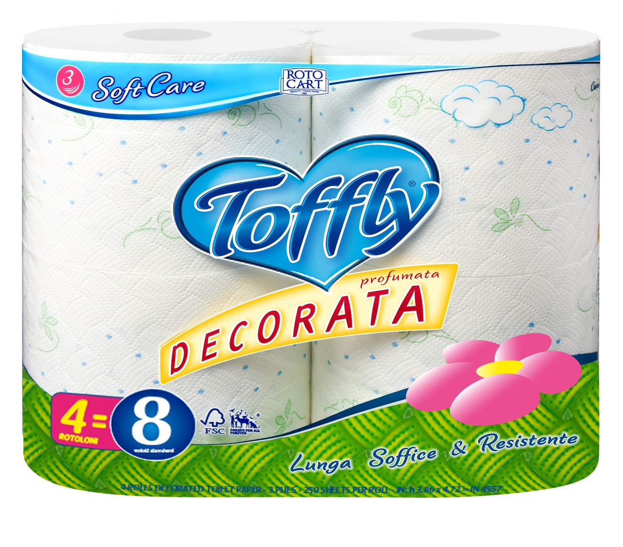 Туалетний папір Toffly SoftCare Decorata 3-х шаровий 4 х 250 відривів