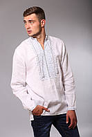 Біла чоловіча вишиванка з довгим рукавом із блакитною вишивкою